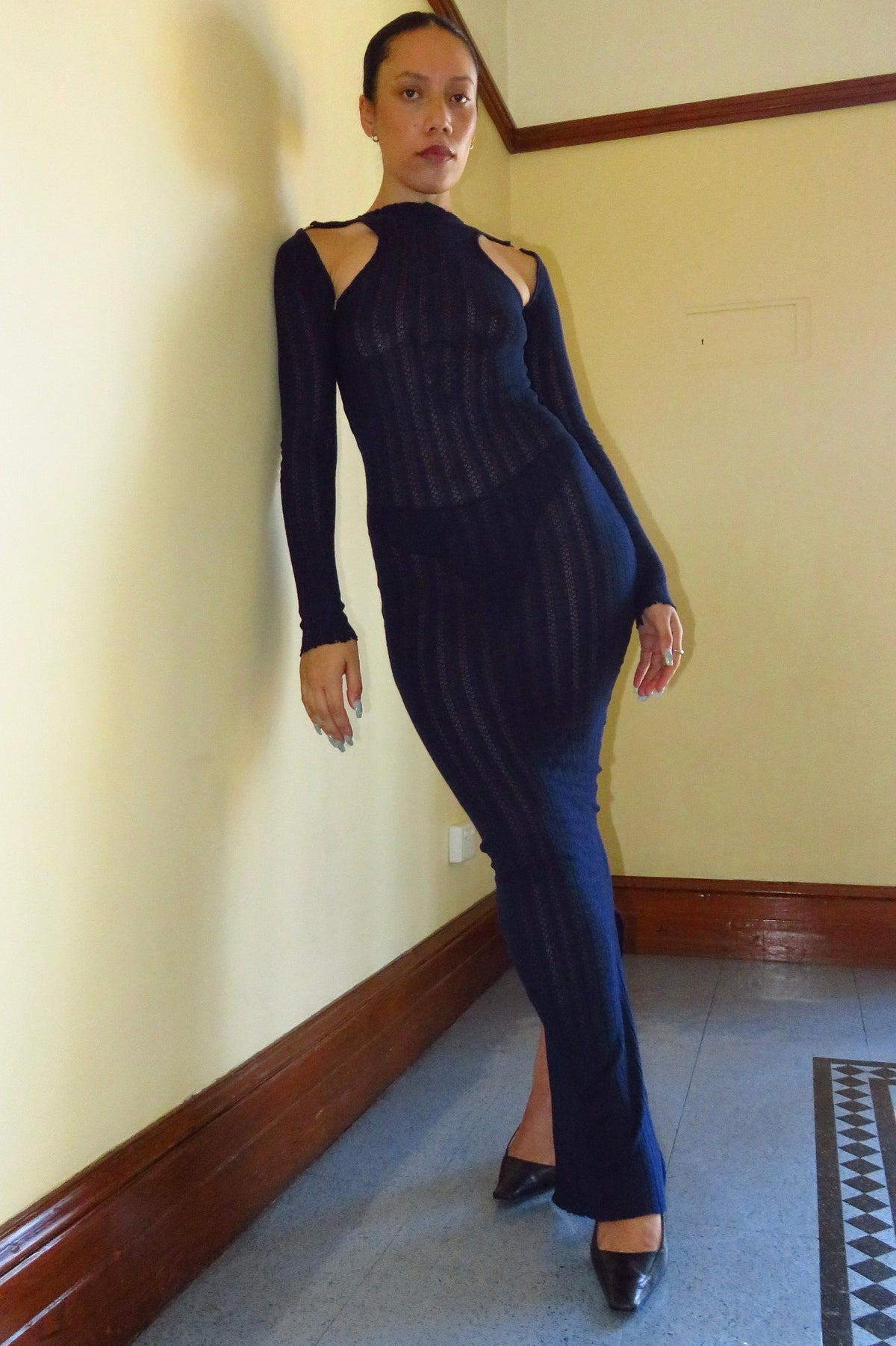 lacey knit dress w/ metal clasps*