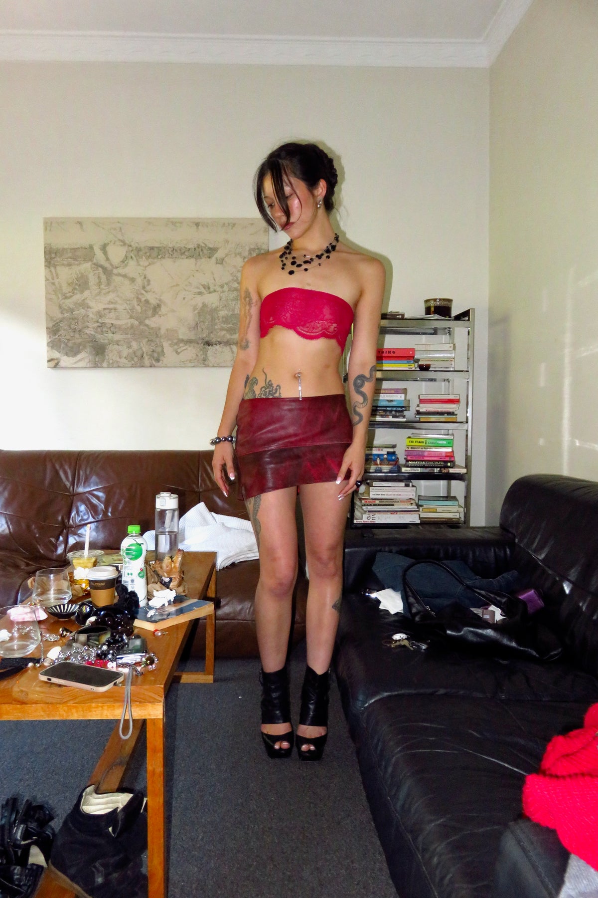 red mini leather skirt