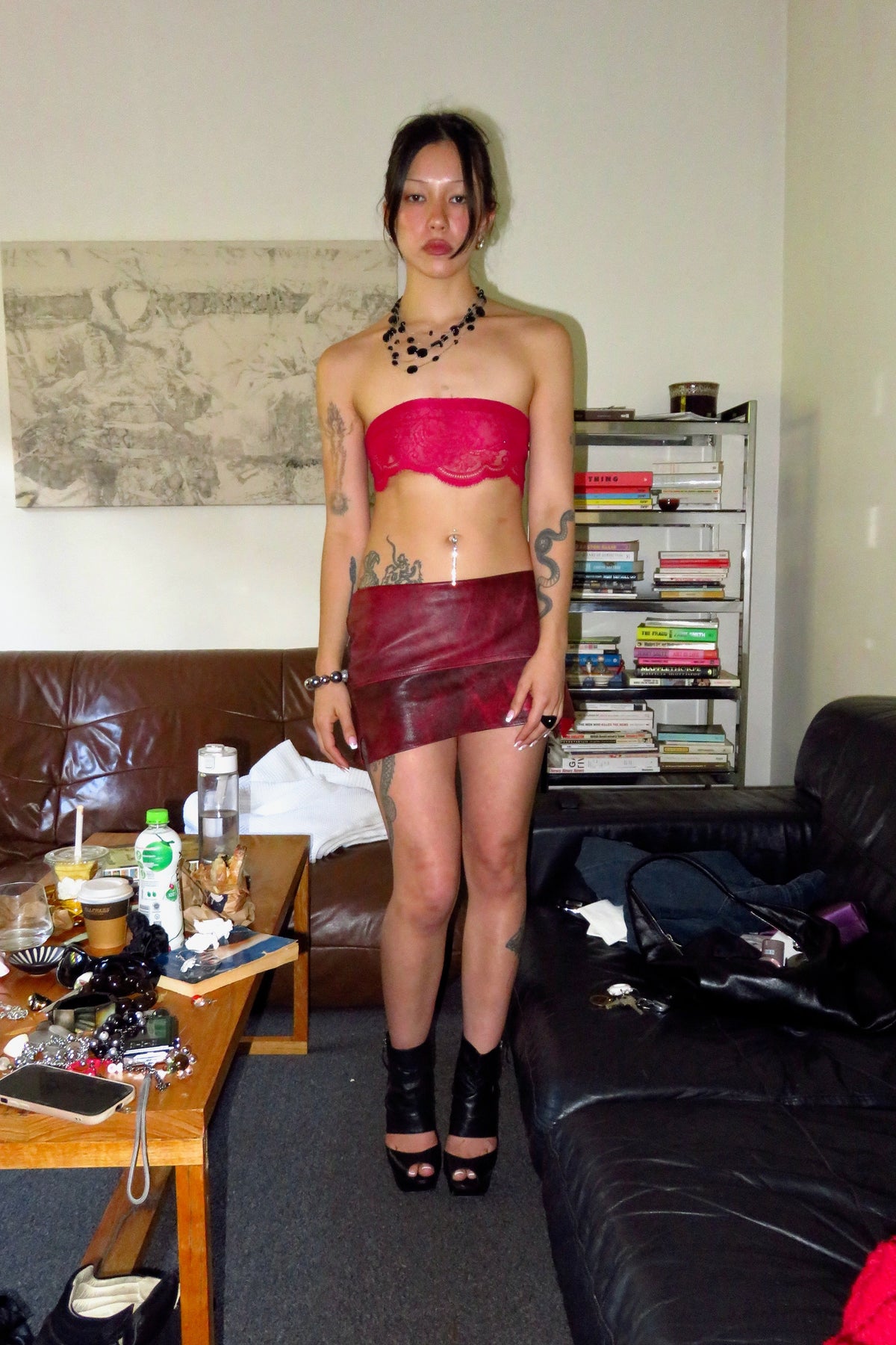 red mini leather skirt